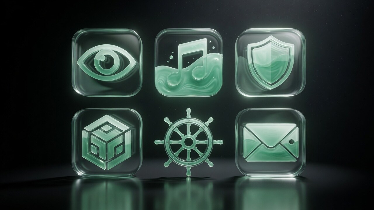 S◉LOCK liquid-glass icon set on void black