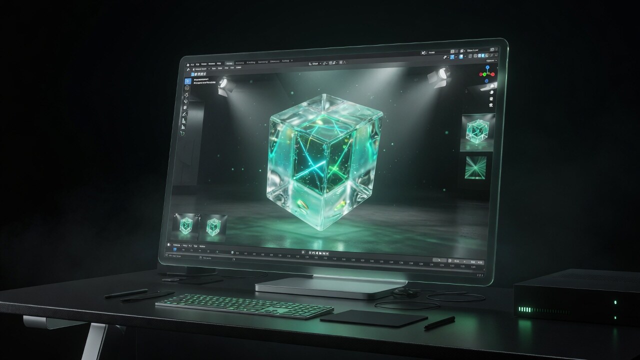 NEO Studio 3D rendering suite. glass form under museum light in a private viewport