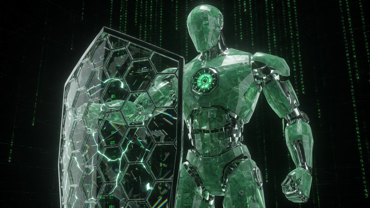 Jade glass guardian sentinel with hexagonal network shield in a digital code void