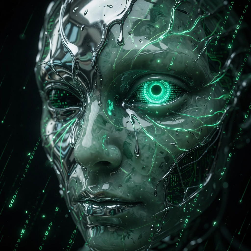 Guardian sentinel. digital protector with jade iris eye in a matrix of code rain