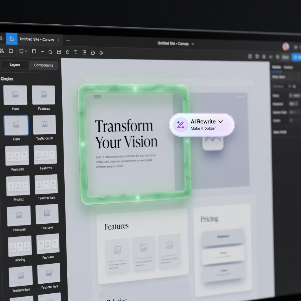 Canvas selection with AI rewrite control on a website builder