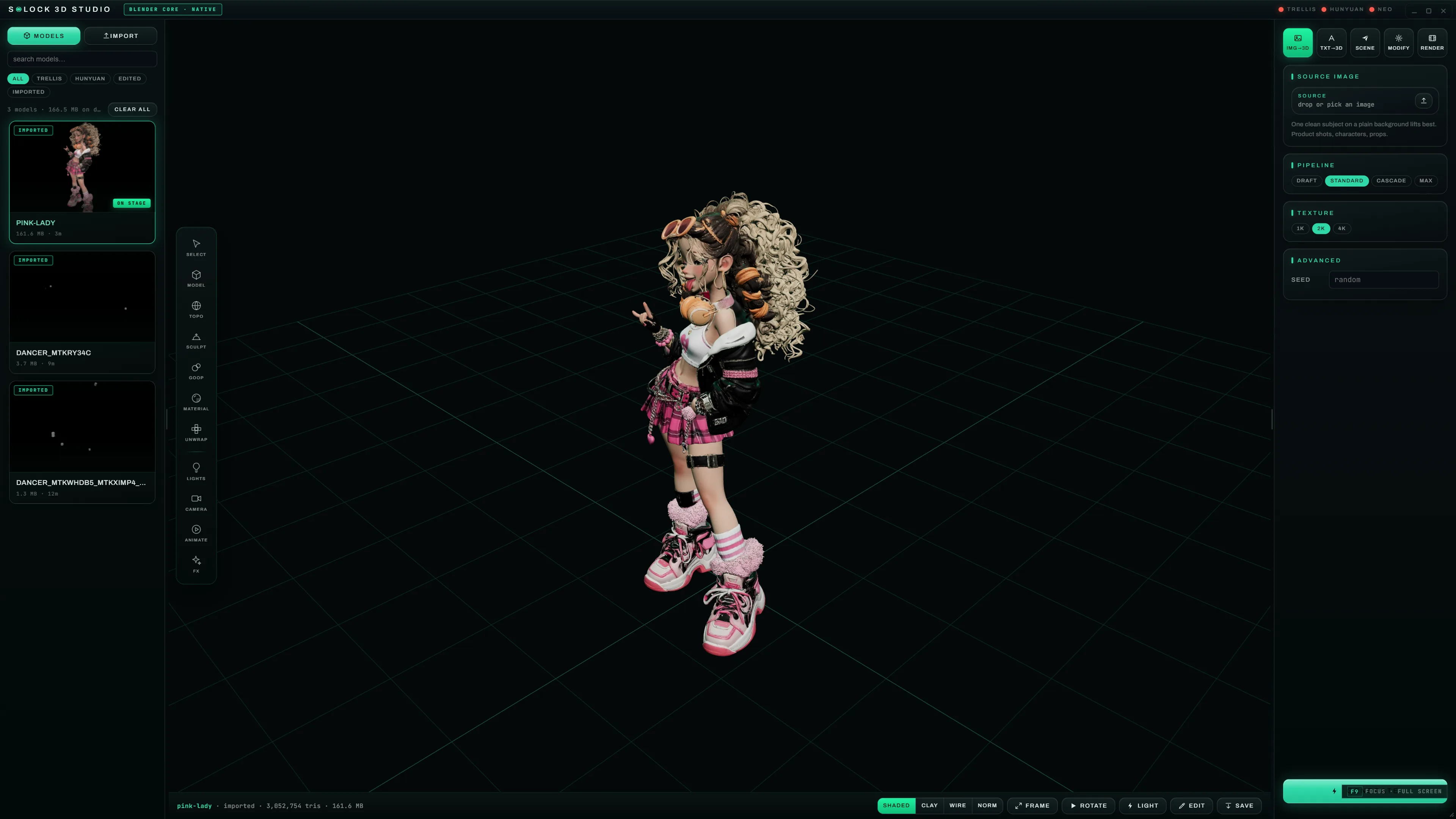 NEO 3D viewport with a fully textured character model